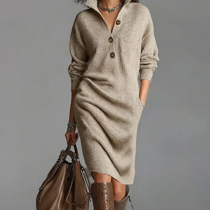 LORENA | Sukienka Dzianinowa z Kołnierzykiem i Guzikami