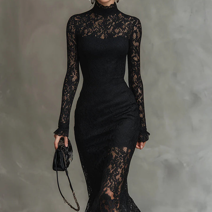 Elwira | Elegancka czarna sukienka maxi z koronką