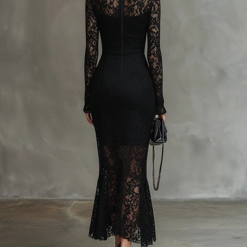 Elwira | Elegancka czarna sukienka maxi z koronką