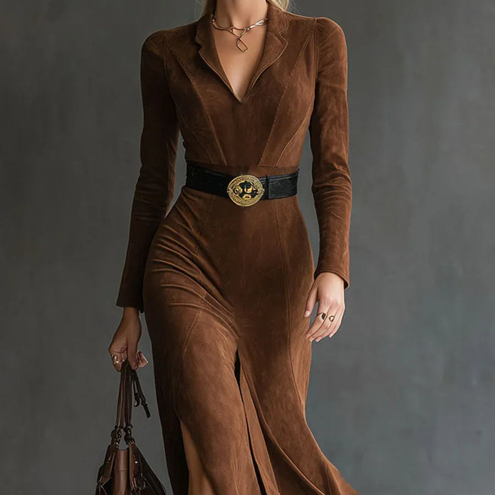 Retro zachodni styl kołnierza z faux zamszu, midi z rozcięciem