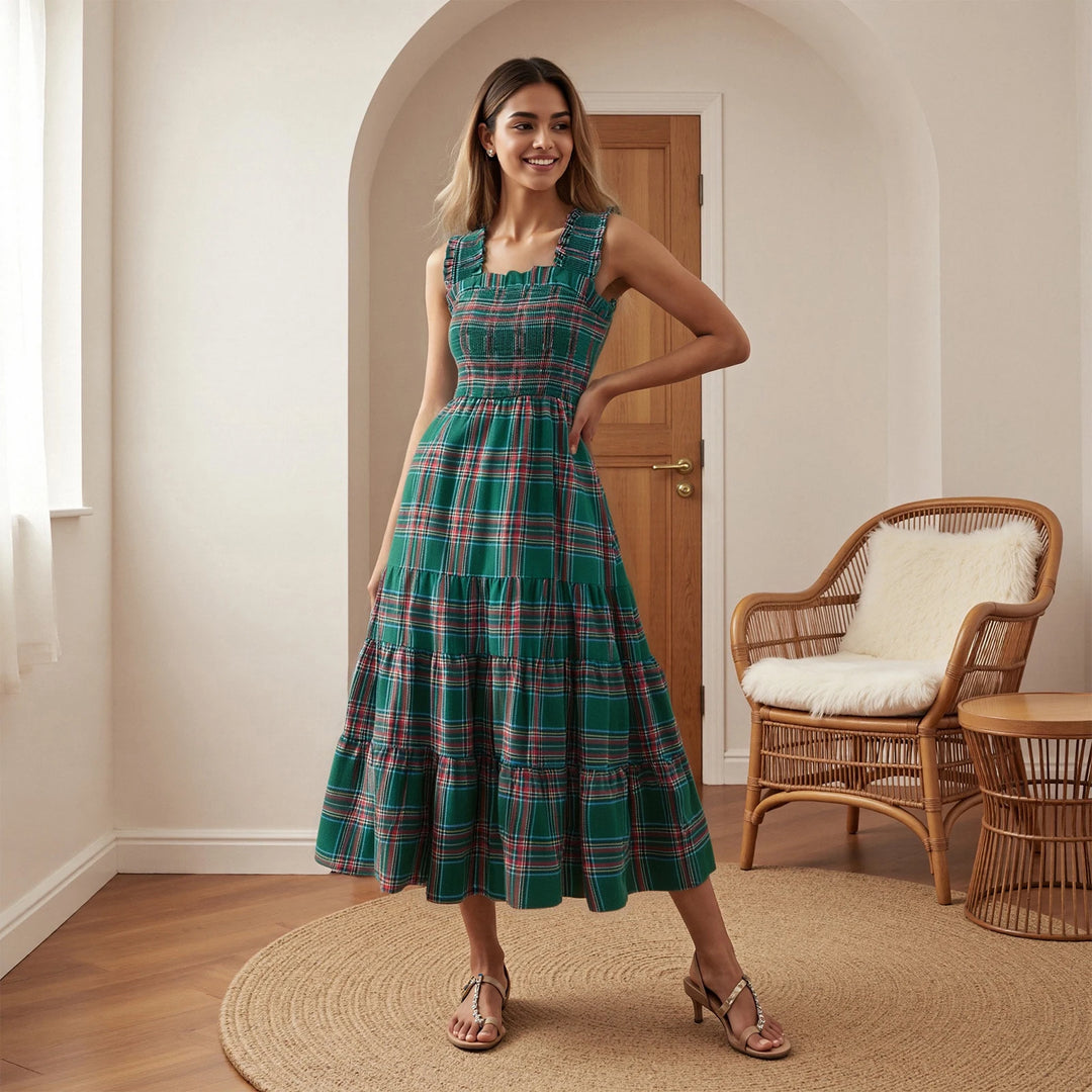 ZUZANNA| Damska sukienka bez rękawów, w kratę, A-linia, na imprezę