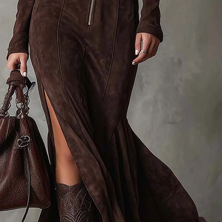 Adrianna | Brązowa zamszowa sukienka maxi z paskami i zamkami