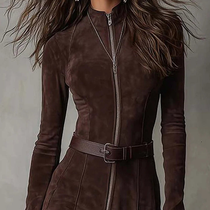 Adrianna | Brązowa zamszowa sukienka maxi z paskami i zamkami