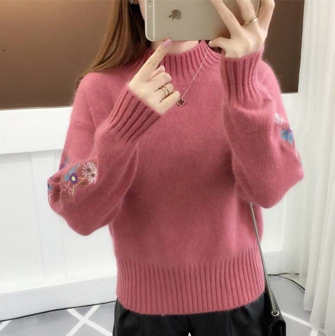 SACHA| Gruby sweter z dzianiny bawełnianej z kwiatowym haftem