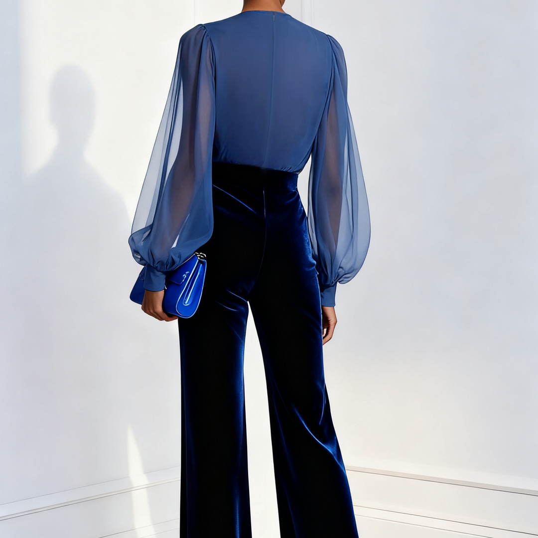 Izabela | Elegancki niebieski kombinezon z siateczką