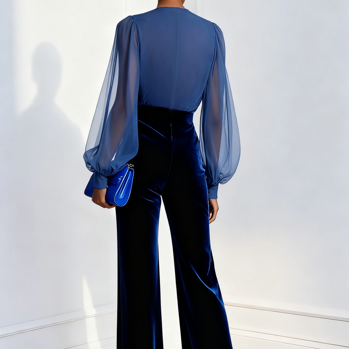 Izabela | Elegancki niebieski kombinezon z siateczką