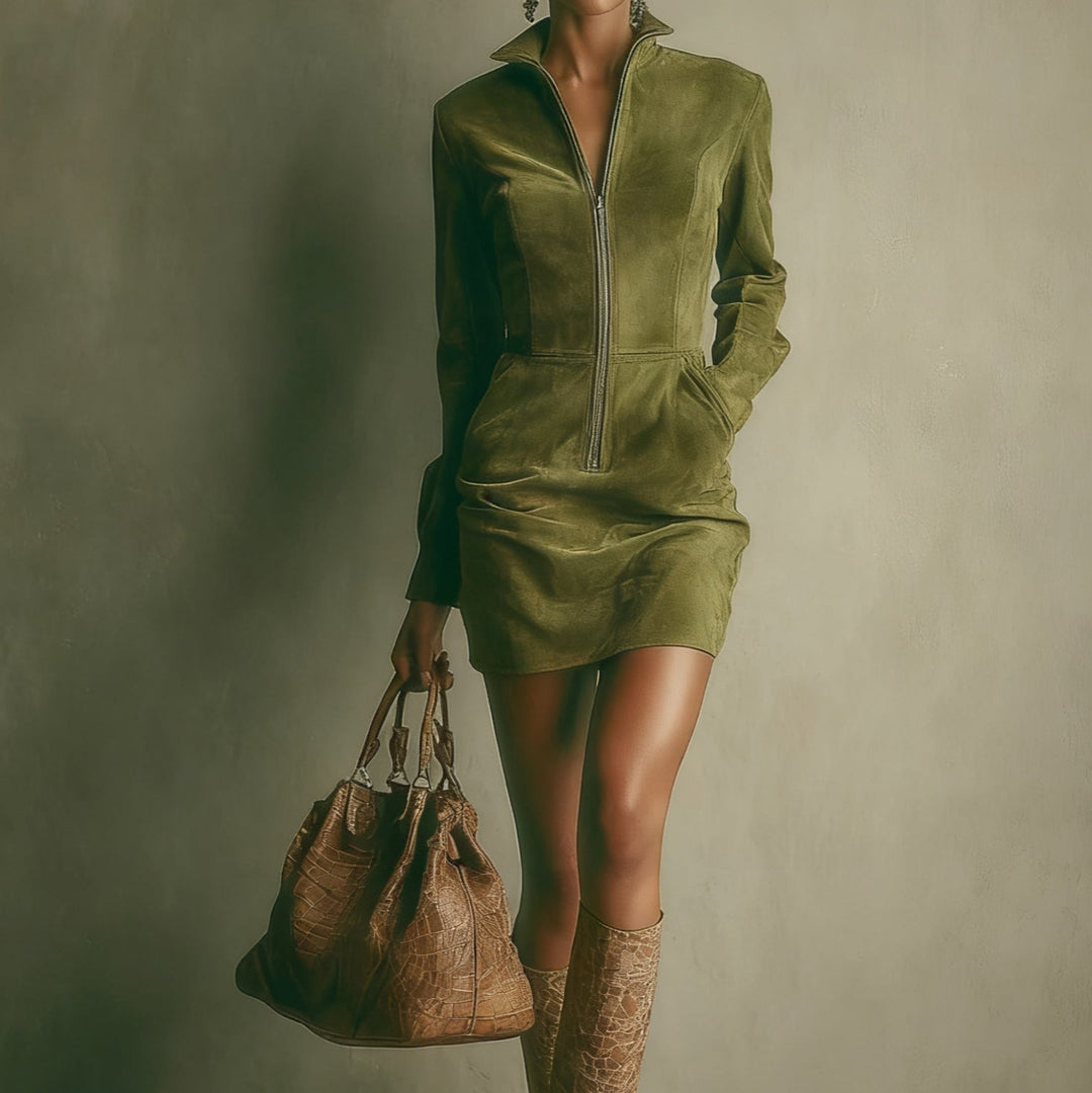 Brązowa Sztuczna Zamszowa Sukienka Mini z Stojącym Kołnierzem i Zamek