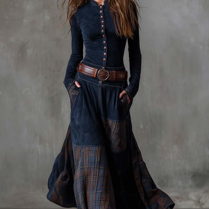 SELENA |granatowa zamszowa sukienka maxi z paskami