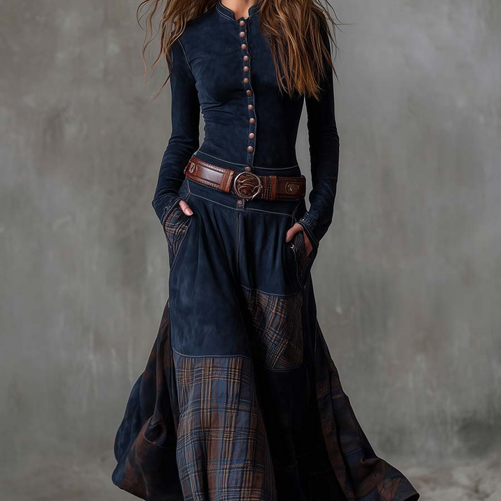 Helena | Granatowa zamszowa sukienka maxi