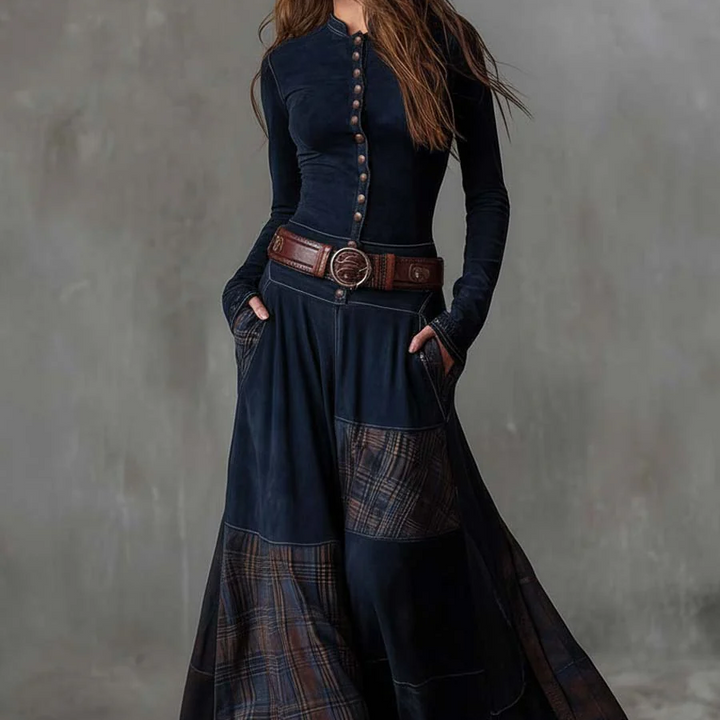 Helena | Granatowa zamszowa sukienka maxi