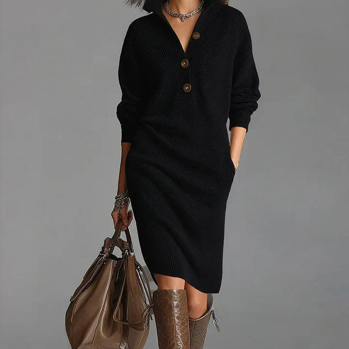 LORENA | Sukienka Dzianinowa z Kołnierzykiem i Guzikami