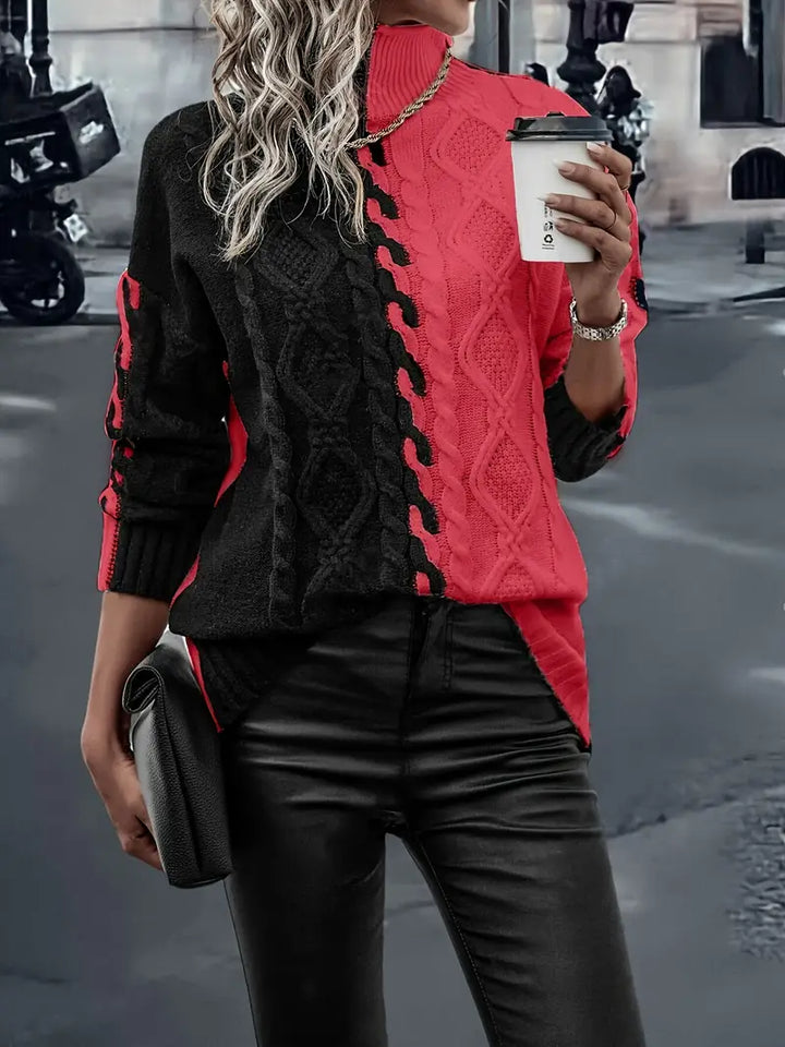 LEONI | Elegancki Sweter w Paski z Wysokim Kołnierzem