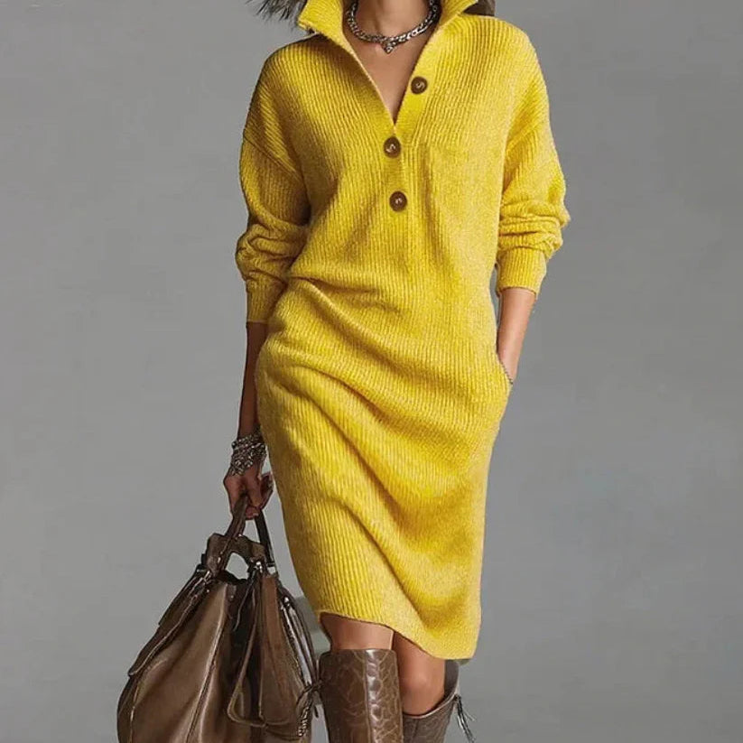 LORENA | Sukienka Dzianinowa z Kołnierzykiem i Guzikami