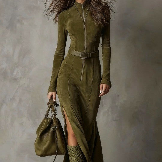 Vintage Zielona Sukienka Maxi z Zamkiem i Paseczkiem