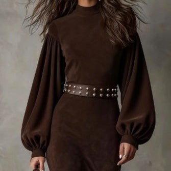 Retro długa sukienka z długim rękawem i półwysokim kołnierzem