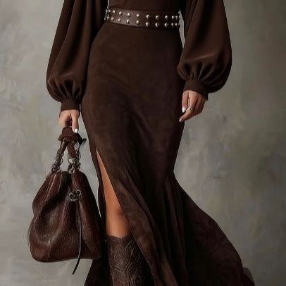 Retro długa sukienka z długim rękawem i półwysokim kołnierzem