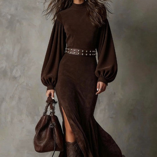 Retro długa sukienka z długim rękawem i półwysokim kołnierzem