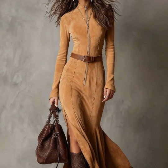 Adrianna | Brązowa zamszowa sukienka maxi z paskami i zamkami